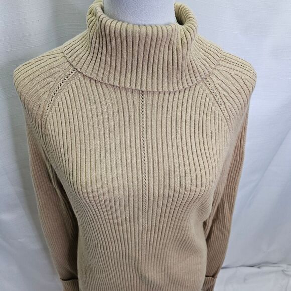 White House Black Market Tan Cuffed Sleeve Turtleneck Pointelle Sweater Size XL - Picture 5 of 11